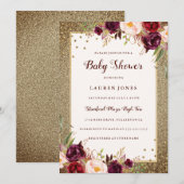 Bourgondische bloemen Sparkle Goud Baby shower Uit Kaart (Voorkant / Achterkant)