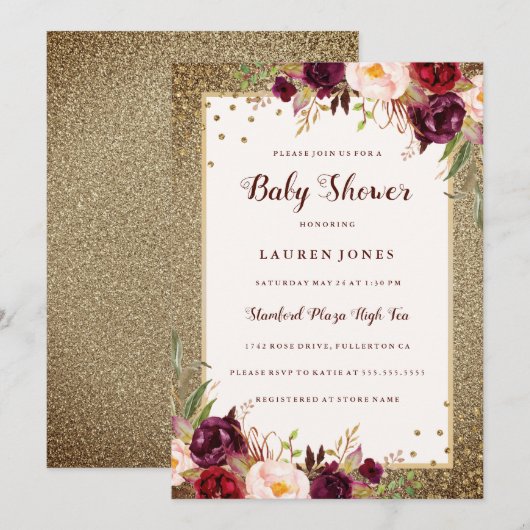 Bourgondische bloemen Sparkle Goud Baby shower Uit Kaart (Voorkant / Achterkant)