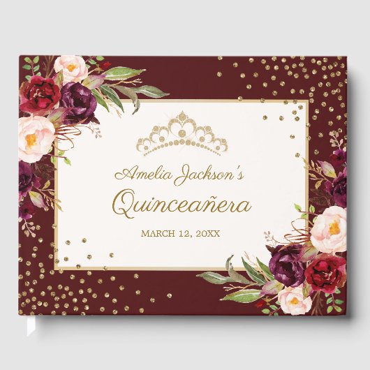 Bourgondische bloemen Sparkle Quinceanera Guest Bo Gastenboek (Voorkant)
