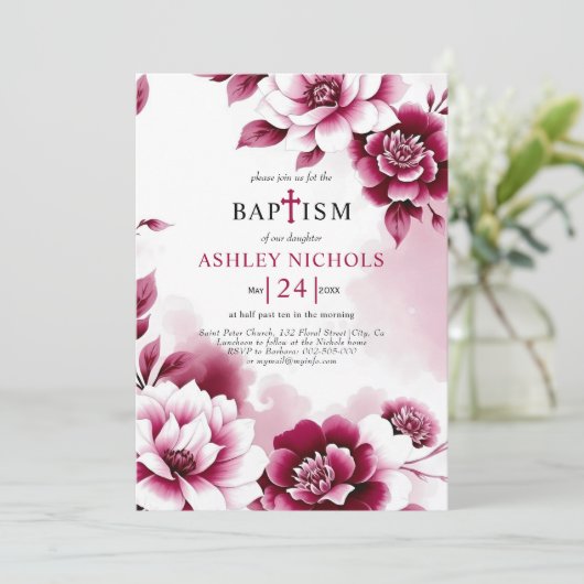 Bourgondische bloemen waterverf wassen meisje Doop Kaart (Staand voorkant)