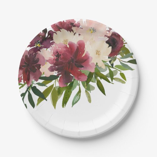 Bourgondische bloemenbloem Waterverf Papieren Bordje (Voorkant)