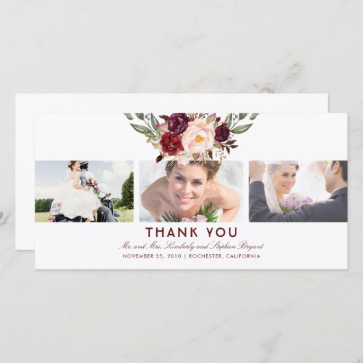 Bourgondische bloemenbruiloft dank u foto bedankkaart (Voorkant / Achterkant)