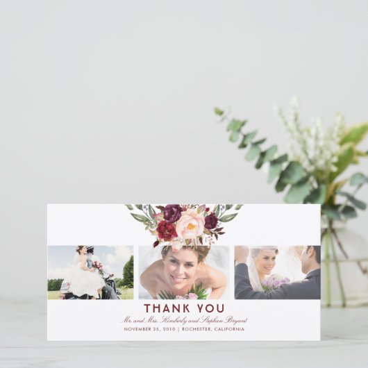 Bourgondische bloemenbruiloft dank u foto bedankkaart (Staand voorkant)