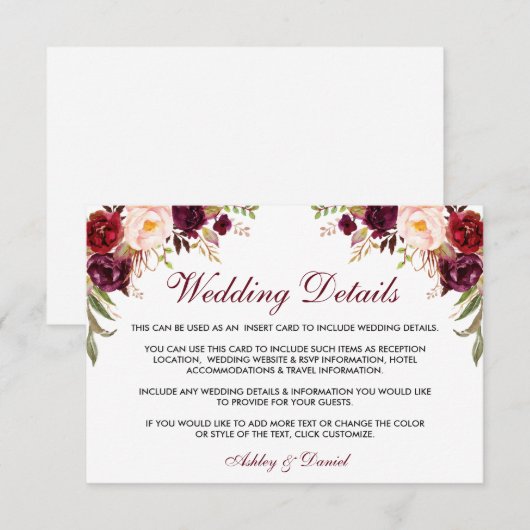 Bourgondische bloemenbruiloft Details invoegen Kaa Informatiekaartje (Voorkant / Achterkant)