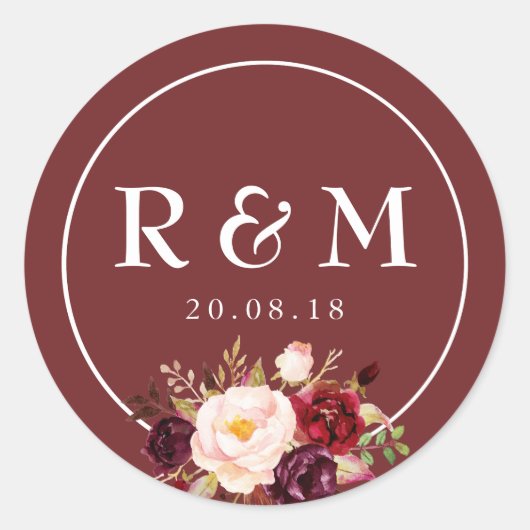 Bourgondische bloemenbruiloft sticker (Voorkant)