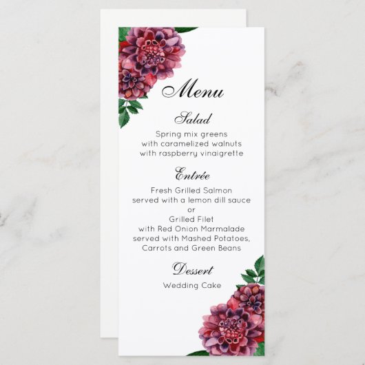 Bourgondische bloemenbruiloft. Waterverf dahlia's Menu (Voorkant / Achterkant)