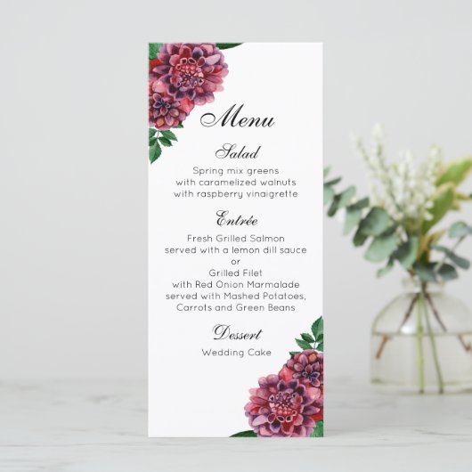 Bourgondische bloemenbruiloft. Waterverf dahlia's Menu (Staand voorkant)