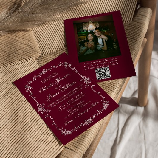 Bourgondische bloemencode QR-fotobruiloft Kaart