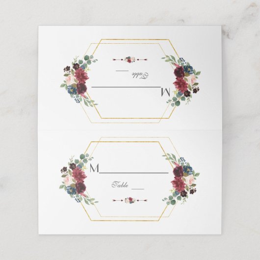 Bourgondische bloemengouden zeshoek frame tafelnum plaatskaartje (Buitenkant ongevouwen)