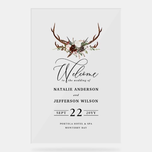 Bourgondische bloemenhert bruiloft welkom elegant acryl bord (Voorkant)