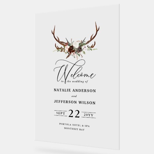 Bourgondische bloemenhert bruiloft welkom elegant acryl bord (Hoek)