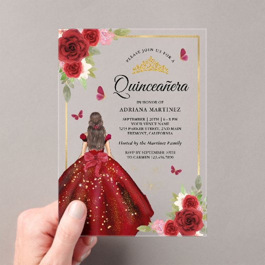 Bourgondische bloemenjurk vlinder quinceanera acryl uitnodigingen (Insitu (Draagbaar))