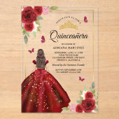 Bourgondische bloemenjurk vlinder quinceanera acryl uitnodigingen (Voorkant)