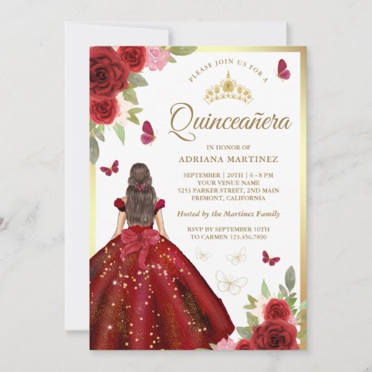 Bourgondische bloemenjurk vlinder quinceanera kaart (Voorkant)