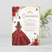 Bourgondische bloemenjurk vlinder quinceanera kaart (Staand voorkant)
