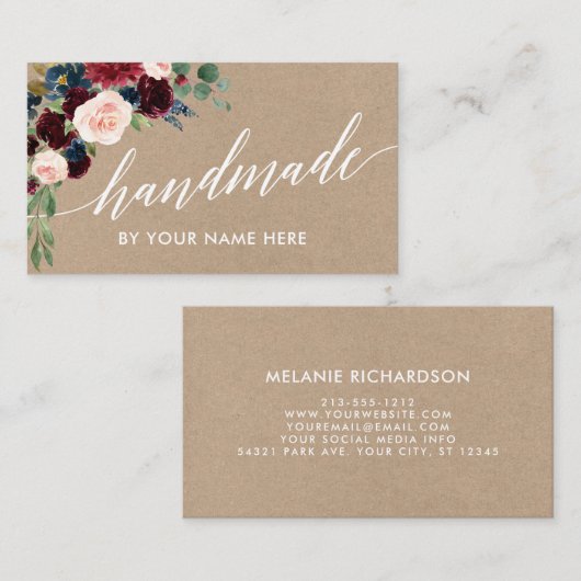 Bourgondische bloemenkalligrafie handgemaakte kraf visitekaartje (Voorkant / Achterkant)