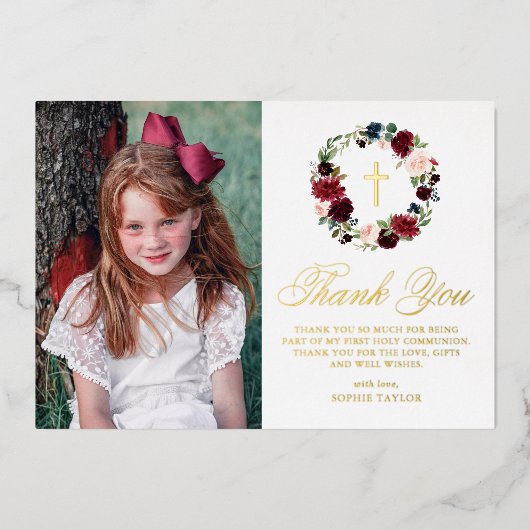 Bourgondische bloemenkrans foto eerste heilige com folie feestdagenkaart (Voorkant)