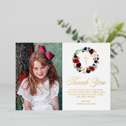Bourgondische bloemenkrans foto eerste heilige com folie feestdagenkaart (Staand Voorkant)