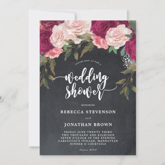Bourgondische bloemenkrijt bruiloft douche uitnodi kaart (Voorkant)