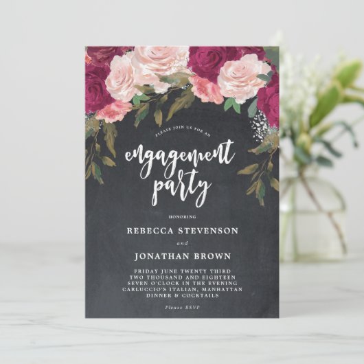 Bourgondische bloemenkrijt verlovingsfeestuitnodig kaart (Staand voorkant)