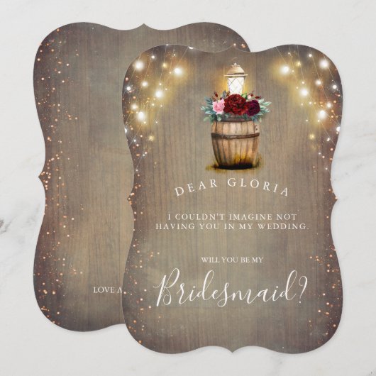 Bourgondische bloemenlantaarn rustieke bruidsmeisj kaart (Voorkant / Achterkant)