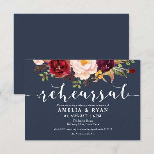 Bourgondische bloemenmarine bruiloft repetitie uit kaart (Voorkant / Achterkant)