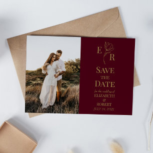 Bourgondische bloemenmonogram foto save the date k kaart
