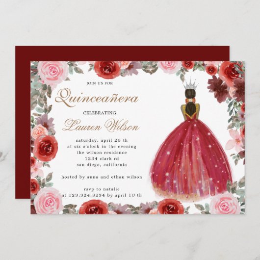 Bourgondische bloemenprinses Quinceanera Uitnodigi Kaart (Voorkant / Achterkant)