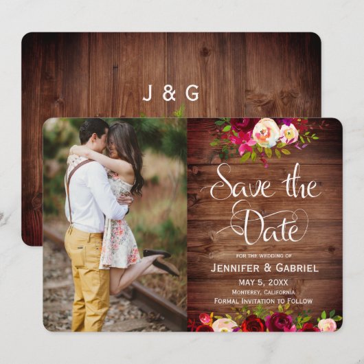 Bourgondische bloemenschuur houten Save the Date-f Save The Date (Voorkant / Achterkant)