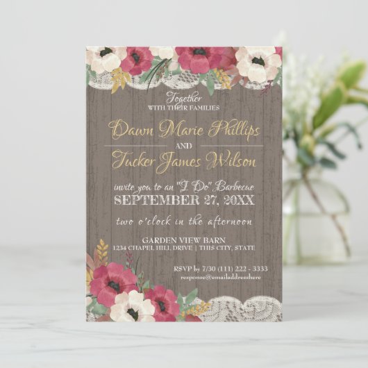 Bourgondische bloemensluiers rustieke BBQ-huwelijk Kaart (Staand voorkant)