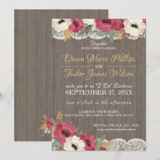 Bourgondische bloemensluiers rustieke BBQ-huwelijk Kaart (Voorkant / Achterkant)