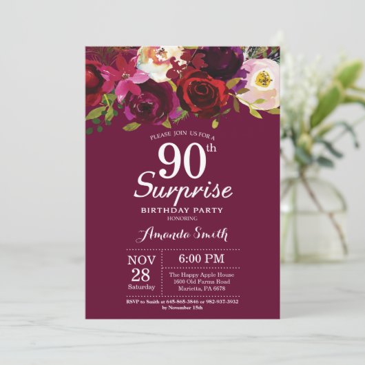 Bourgondische bloemensurprise 90ste verjaardagsfee kaart (Staand voorkant)