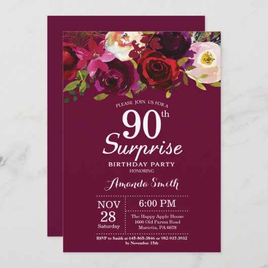 Bourgondische bloemensurprise 90ste verjaardagsfee kaart (Voorkant / Achterkant)