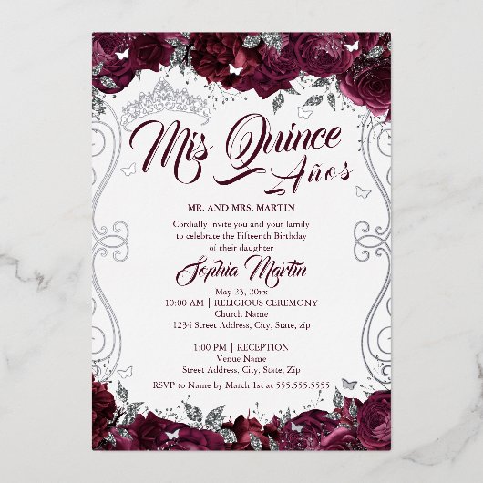 Bourgondische bloementuin Mis Quince Quinceanera Folie Uitnodiging (Voorkant)