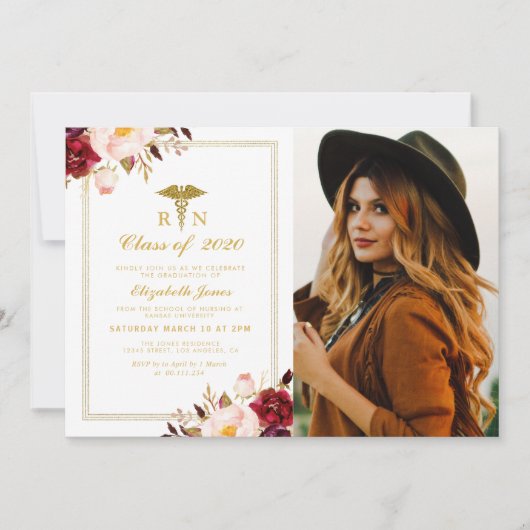 Bourgondische bloemenverpleegschool foto afstudere kaart (Voorkant)