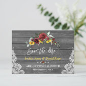 Bourgondische bloemenzonneschermen grijs houten ka save the date (Staand voorkant)