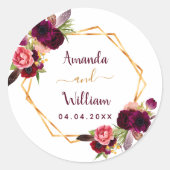 Bourgondische bloemetjes geometrische bruiloft boh ronde sticker (Voorkant)