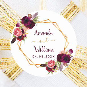 Bourgondische bloemetjes geometrische bruiloft boh ronde sticker