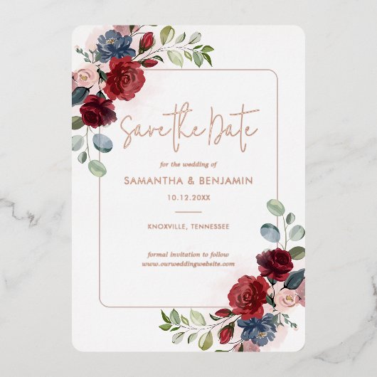 Bourgondische bloemige begroeiing save the date ro folie uitnodiging (Voorkant)