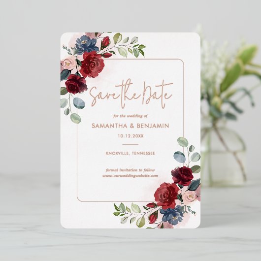 Bourgondische bloemige begroeiing save the date ro folie uitnodiging (Staand Voorkant)