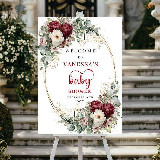 Bourgondische bloemige boho babyshower welkomstpos poster