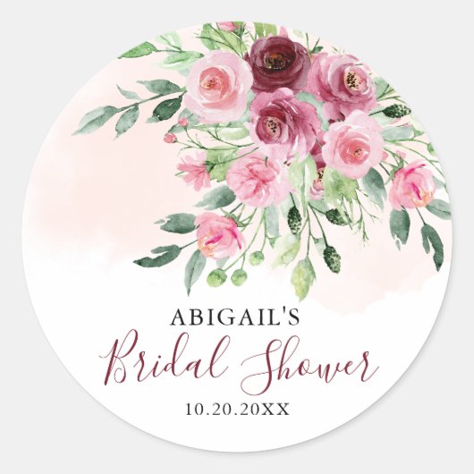 Bourgondische bloemige bruidsuitnodiging ronde sticker (Voorkant)