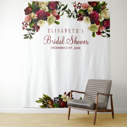 Bourgondische bloemige bruiloftsshower fotocabine wandkleed (In situ)