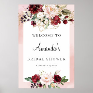 Bourgondische bloemige bruiloftsshower welkomstpos poster