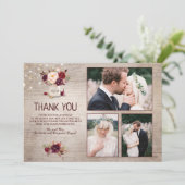 Bourgondische bloemige glazen bruiloft dank je fot bedankkaart (Staand voorkant)