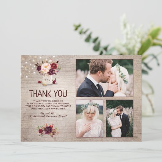 Bourgondische bloemige glazen bruiloft dank je fot bedankkaart (Staand voorkant)