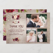 Bourgondische bloemige glazen bruiloft dank je fot bedankkaart (Voorkant / Achterkant)