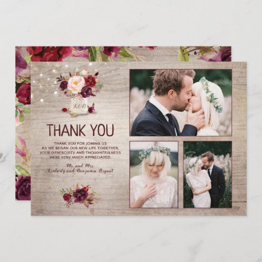 Bourgondische bloemige glazen bruiloft dank je fot bedankkaart (Voorkant / Achterkant)