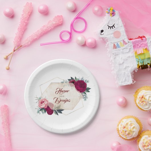 Bourgondische bloemige Herfst geometrisch Papieren Bordje (Feest)