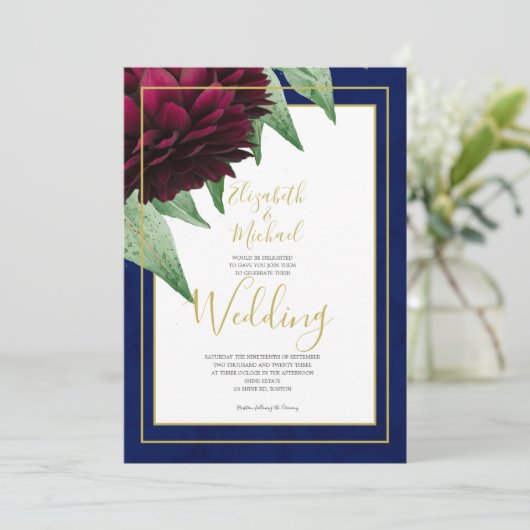 Bourgondische bloemige Navy Gouden Elegante Chic B Kaart (Staand voorkant)